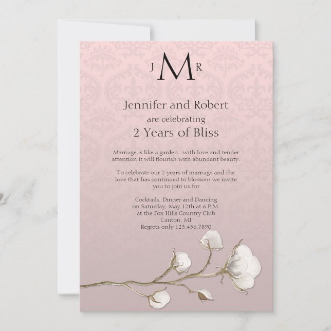 Convite Cetim de Algodão Aniversário de 2 Anos de Casados (Frente)