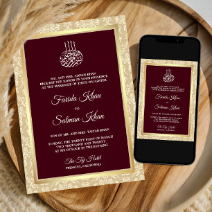 Convite Cetim de Damasco Creme Borgonha Casamento Islâmico