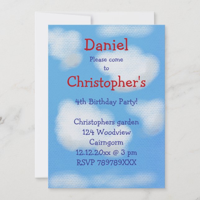 Convite Céu azul e nuvens fofinhas Aniversário (Frente)