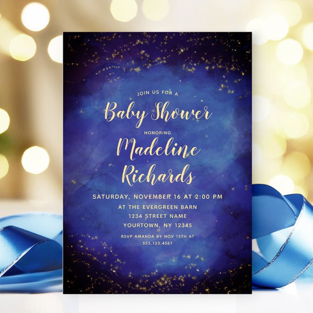Convite Céu Celestial Azul e Dourado Chá de fraldas de Est (Celebrate coming arrival of your little star with this Celestial Night Sky Baby Shower Invitation!)
