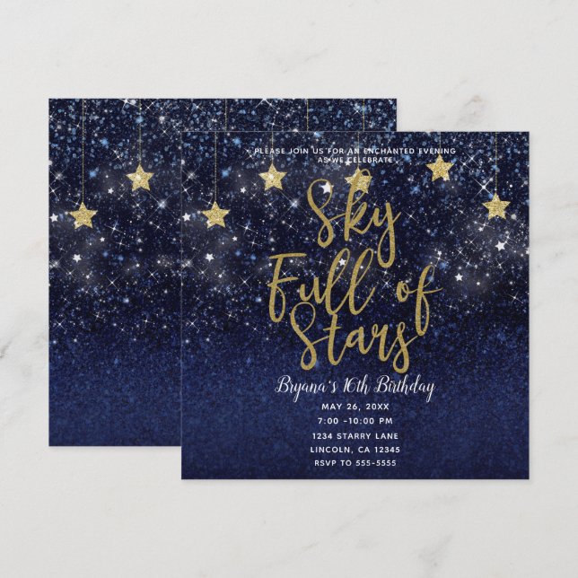 Convite Céu Cheio de Estrelas Noite Estrelada Dourado Azul (Frente/Verso)