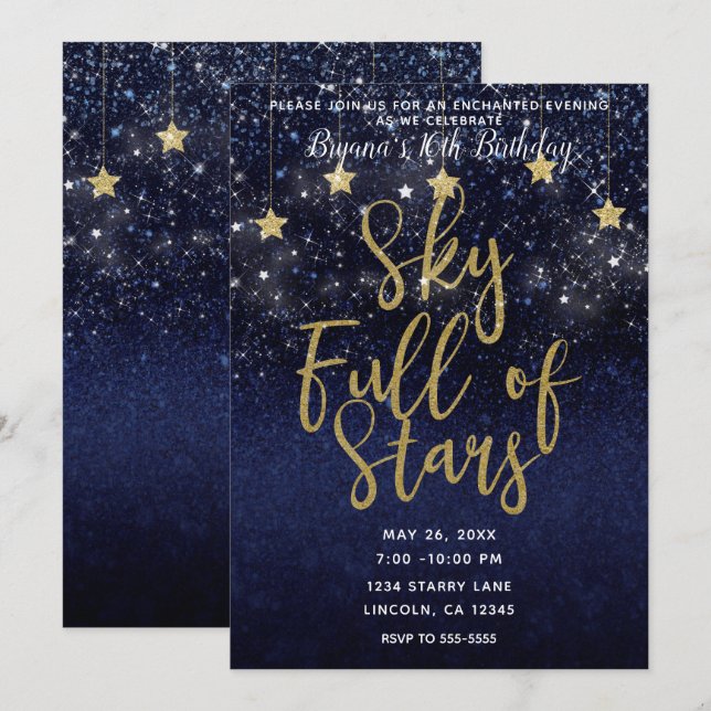 Convite Céu Cheio de Estrelas Noite Estrelada Dourado Azul (Frente/Verso)