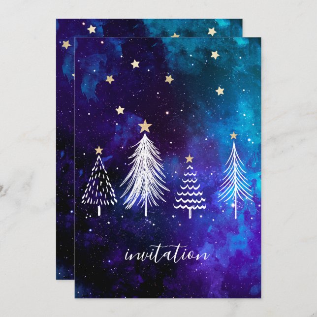 Convite Céu Natal, Azul, Branco, Estrelas, Festa (Frente/Verso)