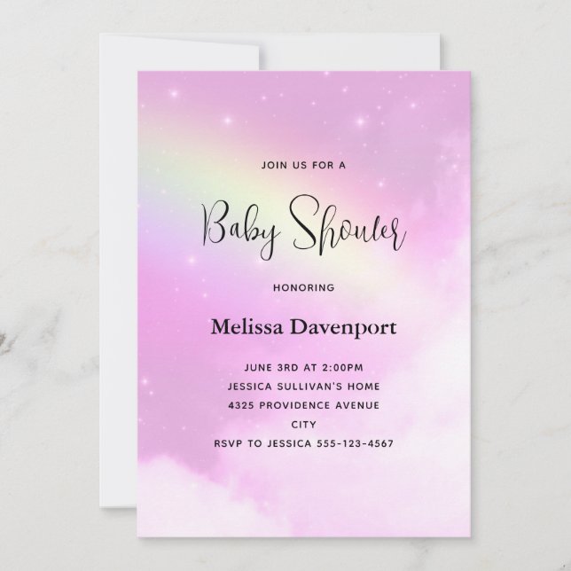 Convite Céu Rosa Pastel com Chá de fraldas de Nuvens Fluff (Frente)