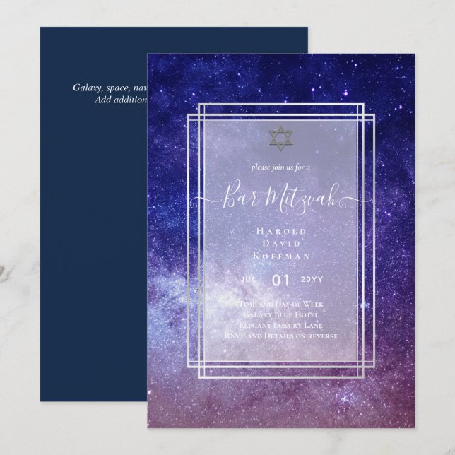 Convite Céus Acima do BAR MITZVAH Galaxy Blue Dourado Eleg (Frente/Verso)