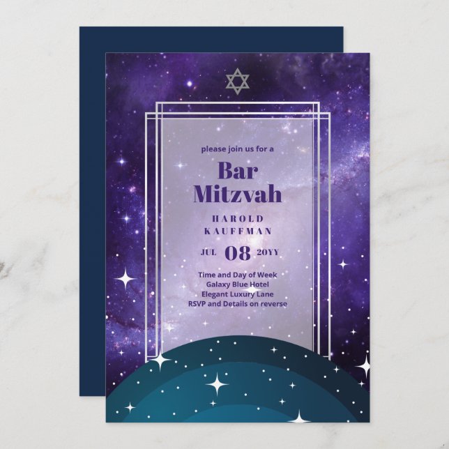 Convite Céus Acima do BAR MITZVAH Galaxy Blue Dourado Eleg (Frente/Verso)