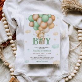 Convite Chá Baby Boy do Balão de Ar Quente do Green Bear