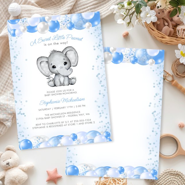 Convite Chá Balão Elefante Blue Baby Boy (Elephant Blue Baby Boy Balloon Shower Invitation)