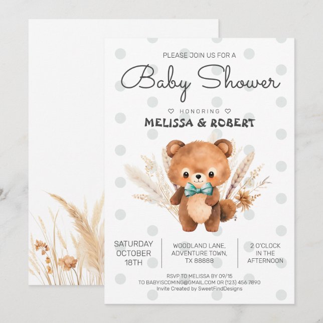Convite Chá Bear Boho Baby Boy (Frente/Verso)
