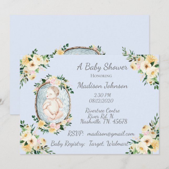 Convite Chá Bebê Azul Floral Bebê Adorável (Frente/Verso)