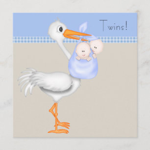 Convite Chá Beige Gingham Stork Twin Baby Boy