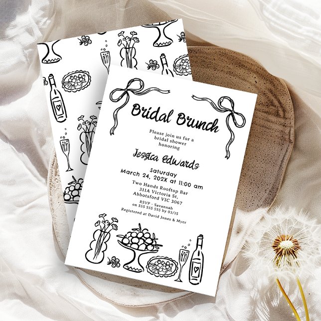 Convite Chá Bridal Bridal Bridal Bridal Branca (Whimsical Black Bridal Brunch Bridal Shower Invitation, Pattern Back, Doodle, Food Drink Hand Drawn )