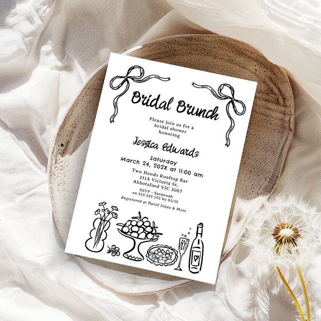 Convite Chá Bridal Bridal Bridal Bridal Branca (Whimsical Black Hand Drawn Bridal Brunch Bridal Shower Invitation, Bows Scribble Doodle Drawn)