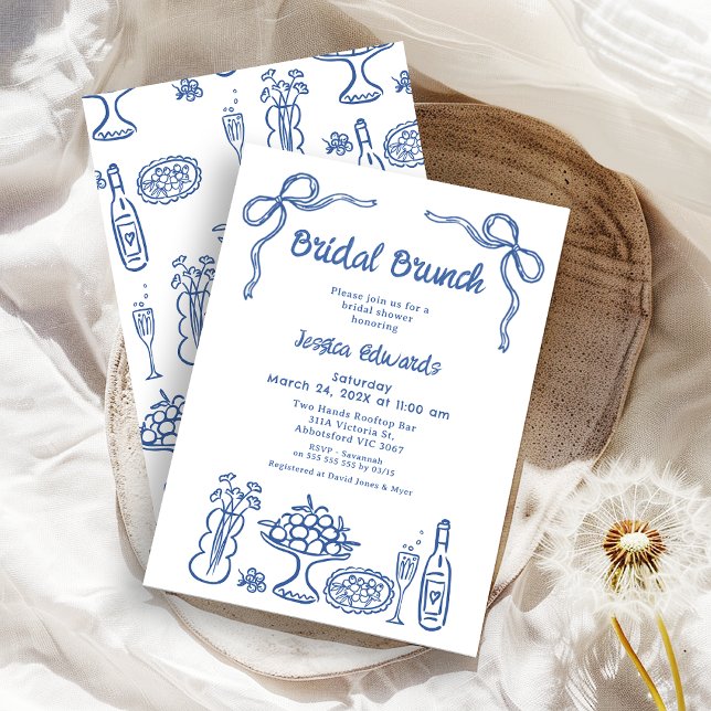 Convite Chá Bridal Bridal Bridal, De Mão Azul (Whimsical Blue Hand Drawn Bridal Brunch Bridal Shower Invitation, Doodle, Line Drawing
Food Drink )