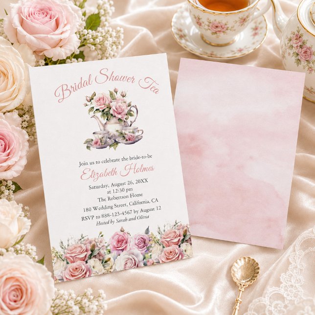 Convite Chá Brunch de Chá de Noiva com Rosas Rosa Claro  (Blush Pink Roses Bridal Shower Tea Brunch Invitation)