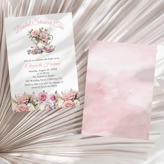Convite Chá Brunch de Chá de Noiva com Rosas Rosa Claro  (Blush Pink Roses Bridal Shower Tea Brunch Invitation on a sunny white dry palm leaf.)