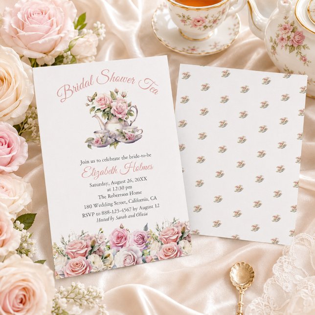 Convite Chá Brunch de Noivado com Rosas Rosa Claro (Blush Pink Roses Bridal Shower Tea Brunch Invitation)
