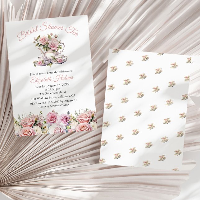 Convite Chá Brunch de Noivado com Rosas Rosa Claro (Blush Pink Roses Bridal Shower Tea Brunch Invitation on a sunny white dry palm leaf.)