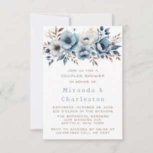Convite Chá Casais de Casamento com Flor Branco Chic Blue
