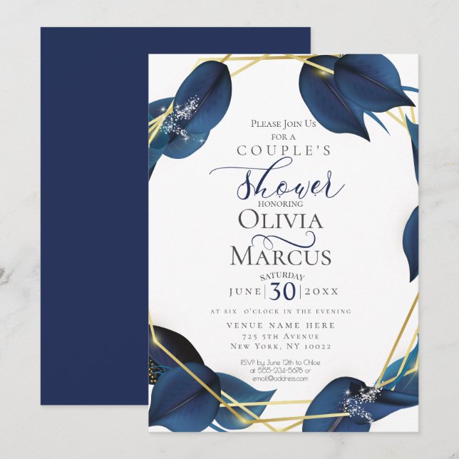 Convite Chá casal | Azul e Dourado índio moderno e profund (Frente/Verso)