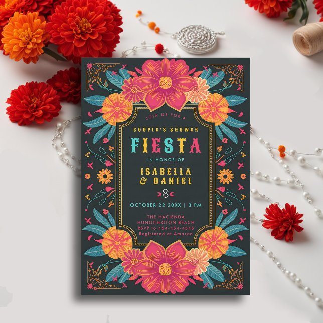 Convite Chá Casal de Casamento Coed Rancho Fiesta (rancho mexican wedding couple shower invitation fiesta hacienda colorful flowers elegant coed)