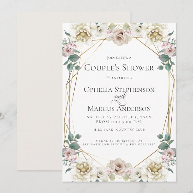 Convite CHÁ casal | Ivory Floral Romântica (Frente/Verso)