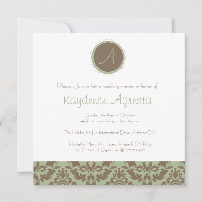 Convite Chá Casamento tema damasco Castanho/Sage (Frente)