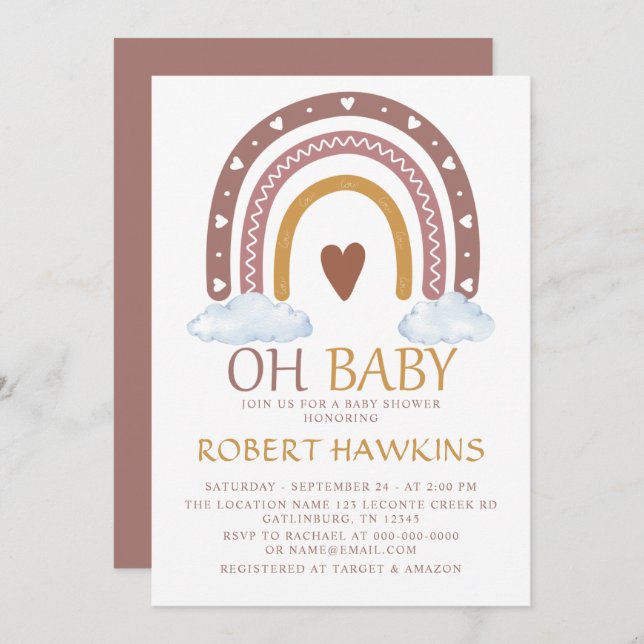 Convite Chá Chá de fraldas arco-íris (Frente/Verso)