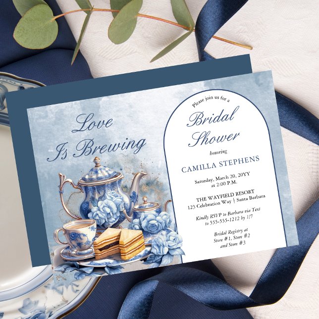 Convite Chá Chá de panela Floral Floral Azul Elegante (Elegant Blue Floral Teacup Bridal Shower Tea Landscape Invitation)
