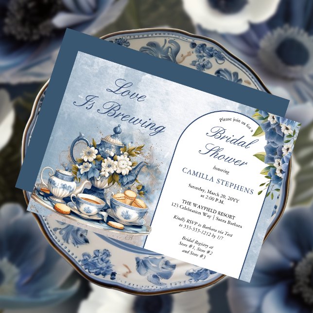 Convite Chá Chá de panela Floral Floral Azul Elegante (Elegant Blue Floral Teacup Bridal Shower Tea Landscape Invitation)
