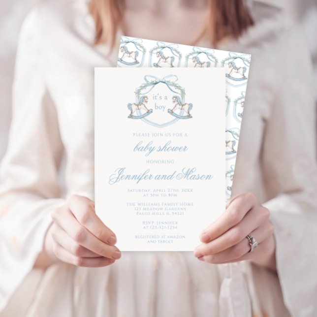 Convite Chá clássico de bebê do cavalo de balanço azul (Criador carregado)