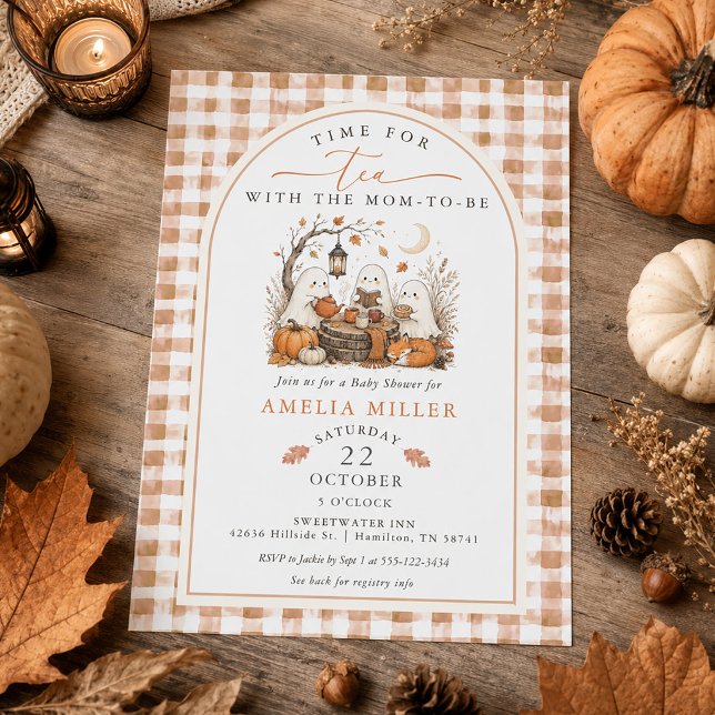 Convite Chá com a Futura Mamãe Festa de Bebê Fantasma de H (Tea with the Mom-to-be Halloween Ghost Baby Shower Invitation)