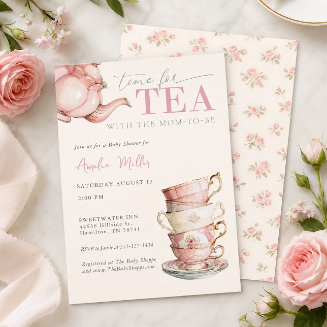Convite Chá com a Futura Mamãe Rosa Floral Chá de Bebê  (Tea with the Mom-to-be Pink Floral Baby Shower Invitation)
