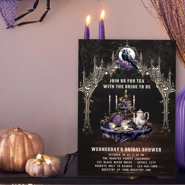 Convite Chá com o Chá de panela Gótico Bride (Tea with the Bride Gothic Halloween Bridal Shower Invitation by Darling & May)