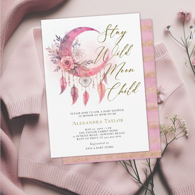 Convite Chá da Criança da Lua Selvagem Boho Dreamcatcher B (wild moon child baby girl shower invitation pink boho dreamcatcher gold glitter elegant bohemian)