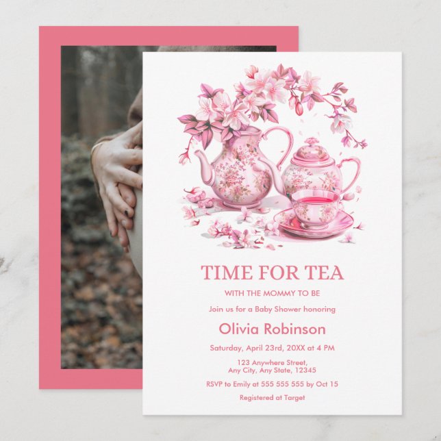 Convite Chá da Flor Teapot Hora do Chá Baby Shower  (Frente/Verso)