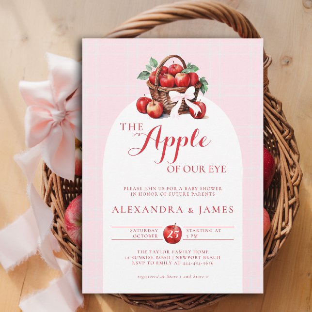 Convite Chá da Garota de queda do Casal de Colheita Apple  (fall baby shower invitation apple of our eye girl watercolor rustic elegant coed couple pink bow)