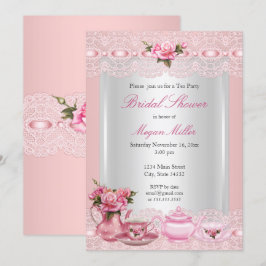 Convite Chá da Noiva Lindas rosas cor-de-rosa Festa de Chá