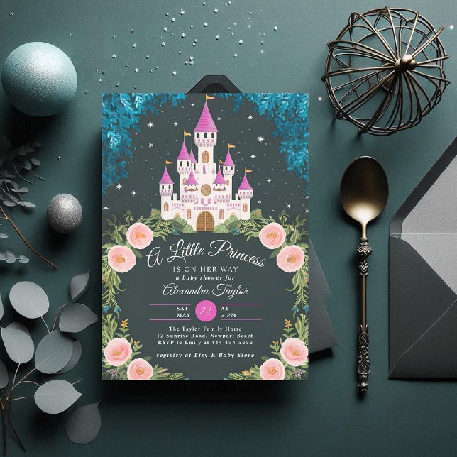 Convite Chá da Princesa Forte Encantada Castle Baby Girl (princess girl baby shower invitation enchanted forest magical castle roses frame greenery)