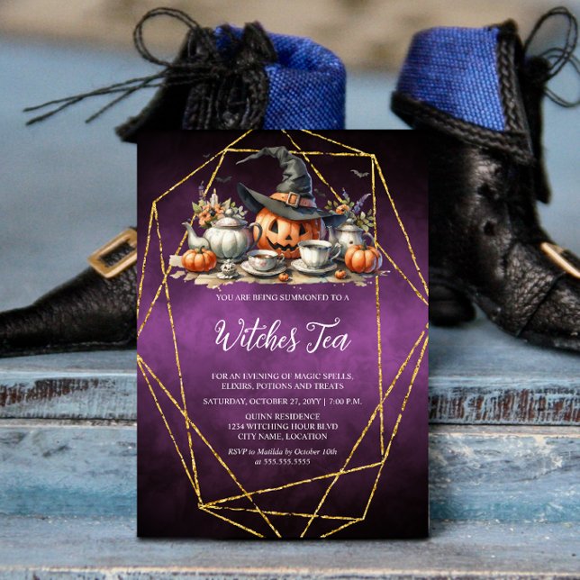 Convite Chá das Bruxas (Witch's tea / wiccan / Halloween gathering invitation front view.)