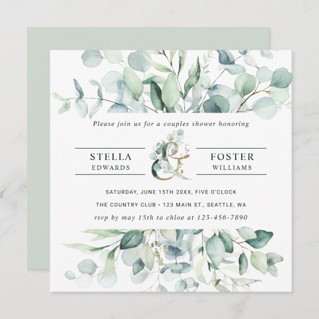 Convite Chá de Ampersand de Folhagem Verde Elegante (Frente/Verso)