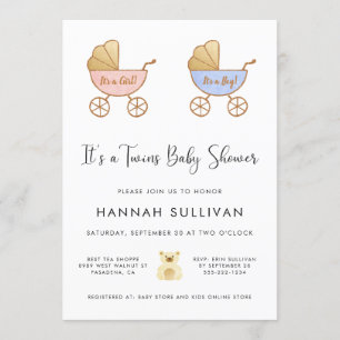 Convite Chá de Aquarela Carruagem Gêmeas Garotas