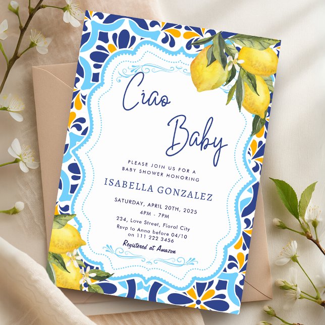 Convite Chá de Azulejos Majolica para o Bebê do Mediterrân (Ciao Baby Mediterranean Majolica Tiles Shower Invitation)