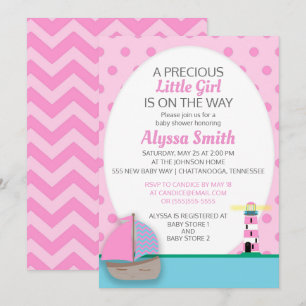 Convite Chá de Barcos Rosa e Bebê de Farol Convidam