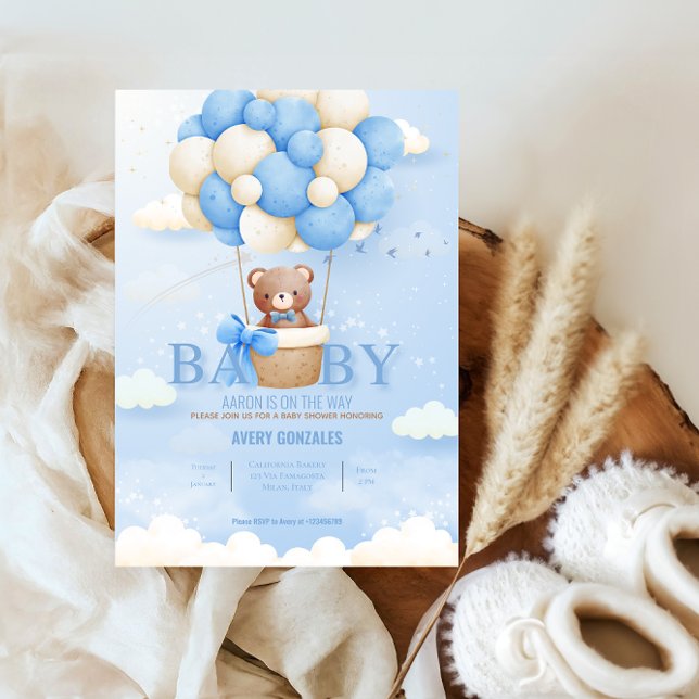Convite Chá de Bear Balão Azul Sky Baby Boy (Criador carregado)