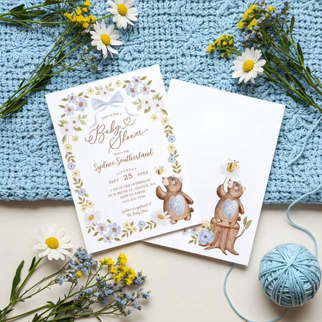 Convite Chá de Bear Bear Bear Bear Bear Floral (Cute Floral Woodland Knitted Bear Baby Boy Shower Invitation)