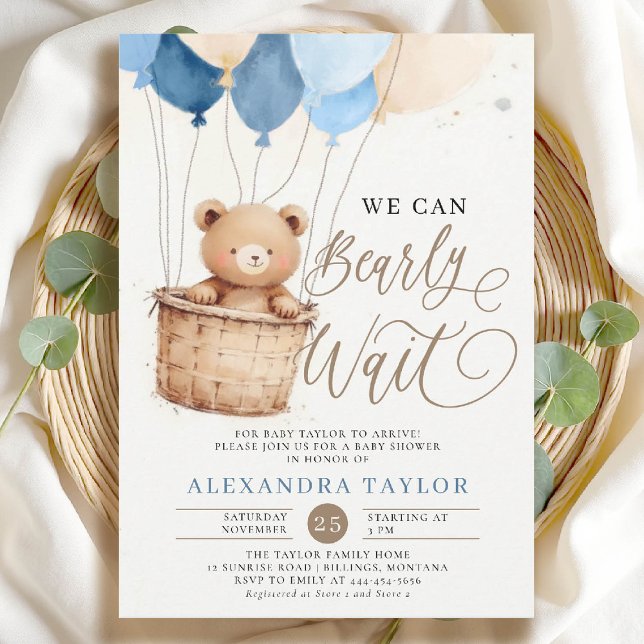 Convite Chá de Bear Boy Bear Bear Bear Bear Bear Bear Bear (bearly wait baby shower invitation boy blue brown hot air balloons whimsical calligraphy watercolor)