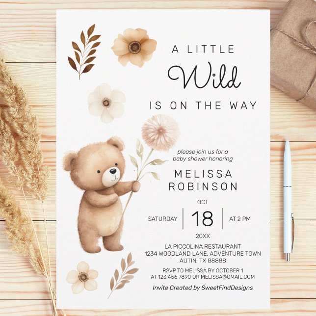 Convite Chá de Bear Selvagem Bonito Flor Flor Bebezinho (Cute Wild Bear Boho Flowers Baby Boy Shower Invitation)