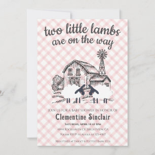 Convite Chá de Bebê 007 Fazenda de Gingham da Duas Ovelhin