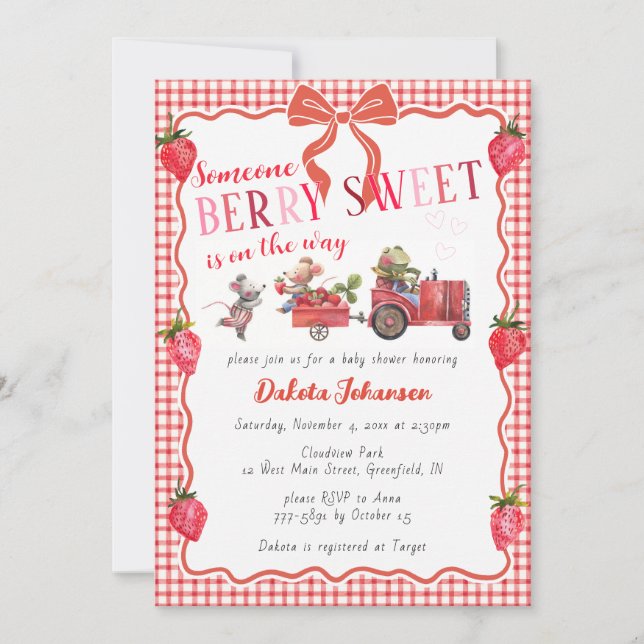 Convite Chá de Bebê 007 Gingham Vermelho Berry Sweet Farm (Frente)